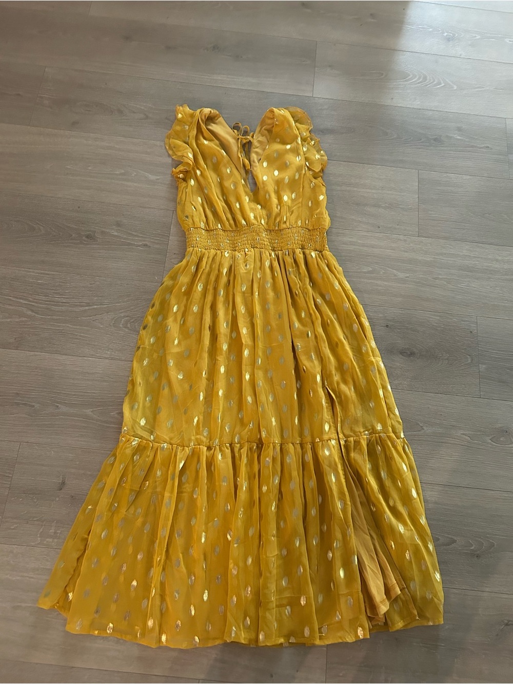 Lulu's Mustard Yellow Metallic Dot Tiered Midi Dress